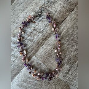 Double strand necklace, silver tone chain w purple tones in stones
